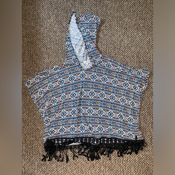 Olsenboye Tops - Olsenboye - Hooded Fringe Poncho Top (Southwest Print)